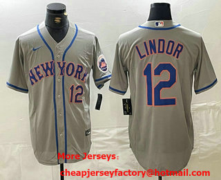 Men's New York Mets #12 Francisco Lindor Number Grey Stitched Cool Base Nike Jersey