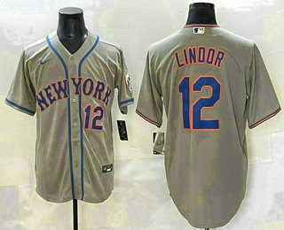 Men's New York Mets #12 Francisco Lindor Number Grey Stitched Cool Base Nike Jersey