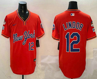 Men's New York Mets #12 Francisco Lindor Orange Fashion Throwback Stitched Jersey