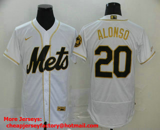 Men's New York Mets #20 Pete Alonso White With Gold Stitched MLB Flex Base Nike Jersey