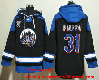Men's New York Mets #31 Mike Piazza Black Ageless Must Have Lace Up Pullover Hoodie