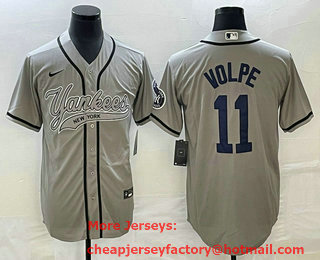 Men's New York Yankees #11 Anthony Volpe Grey With Patch Cool Base Stitched Baseball Jersey