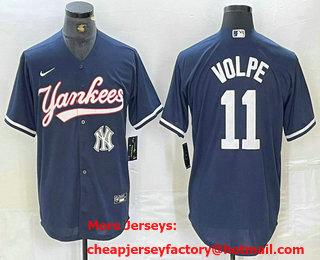 Men's New York Yankees #11 Anthony Volpe Navy With Patch Cool Base Stitched Baseball Jersey 02