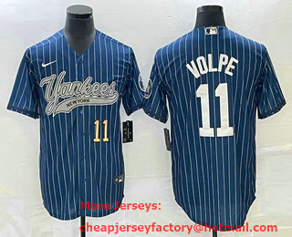 Men's New York Yankees #11 Anthony Volpe Number Blue Pinstripe Cool Base Stitched Baseball Jersey