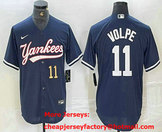 Men's New York Yankees #11 Anthony Volpe Number Navy Cool Base Stitched Baseball Jersey 01