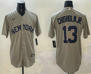 Men's New York Yankees #13 Jazz Chisholm Jr Grey Field of Dreams Cool Base Jersey
