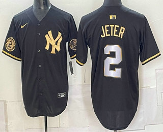 Men's New York Yankees #2 Derek Jeter Black Gold With Patch Limited Stitched Jersey