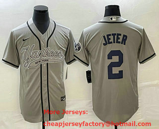 Men's New York Yankees #2 Derek Jeter Grey With Patch Cool Base Stitched Baseball Jersey