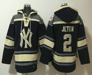 Men's New York Yankees #2 Derek Jeter Navy Ageless Must Have Lace Up Pullover Hoodie