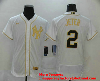 Men's New York Yankees #2 Derek Jeter White Golden Stitched MLB Flex Base Nike Jersey