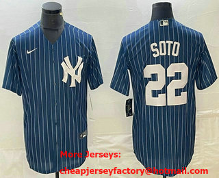 Men's New York Yankees #22 Juan Soto Blue Pinstripe Cool Base Stitched Baseball Jersey