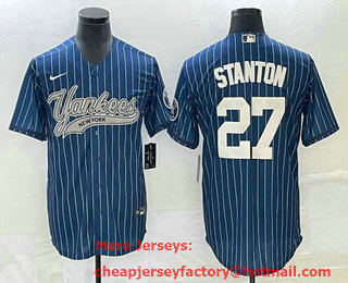 Men's New York Yankees #27 Giancarlo Stanton Blue Pinstripe Cool Base Stitched Baseball Jersey