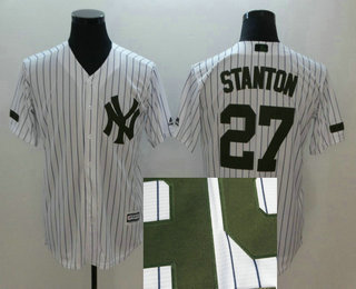 Men's New York Yankees #27 Giancarlo Stanton White With Green Memorial Day Stitched MLB Cool Base Jersey