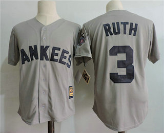 Men's New York Yankees #3 Babe Ruth Gray 75TH Patch Jersey