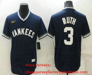 Men's New York Yankees #3 Babe Ruth Navy Blue Cooperstown Collection Stitched MLB Throwback Jersey
