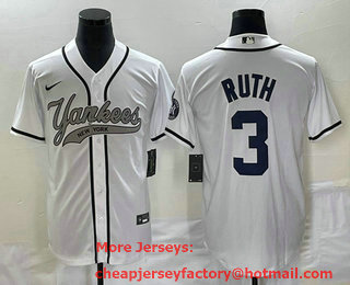Men's New York Yankees #3 Babe Ruth White With Patch Cool Base Stitched Baseball Jersey