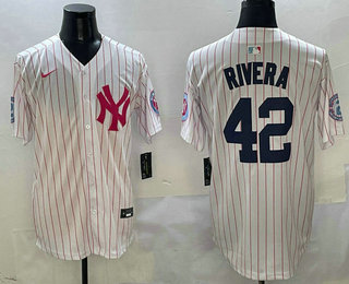 Men's New York Yankees #42 Mariano Rivera White Pink Pinstripe Fashion Cool Base Jersey