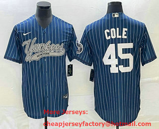 Men's New York Yankees #45 Gerrit Cole Blue Pinstripe Cool Base Stitched Baseball Jersey