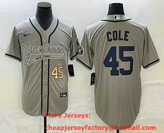 Men's New York Yankees #45 Gerrit Cole Number Grey With Patch Cool Base Stitched Baseball Jersey