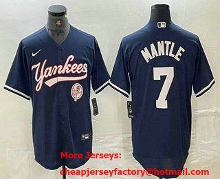 Men's New York Yankees #7 Mickey Mantle Navy With Patch Cool Base Stitched Baseball Jersey 02