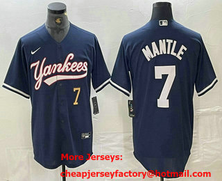 Men's New York Yankees #7 Mickey Mantle Number Navy With Patch Cool Base Stitched Baseball Jersey 01