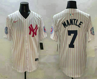 Men's New York Yankees #7 Mickey Mantle White Pink Pinstripe Fashion Cool Base Jersey