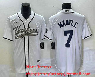 Men's New York Yankees #7 Mickey Mantle White With Patch Cool Base Stitched Baseball Jersey