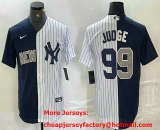 Men's New York Yankees #99 Aaron Judge Navy White Split Stitched Baseball Jersey