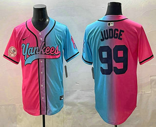 Men's New York Yankees #99 Aaron Judge Pink Blue Split Limited Baseball Jersey