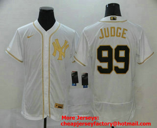 Men's New York Yankees #99 Aaron Judge White Golden Stitched MLB Flex Base Nike Jersey