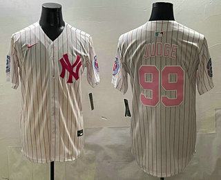 Men's New York Yankees #99 Aaron Judge White Pink Pinstripe Fashion Cool Base Jersey 02