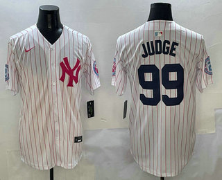Men's New York Yankees #99 Aaron Judge White Pink Pinstripe Fashion Cool Base Jersey