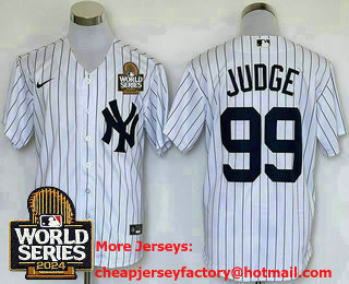 Men's New York Yankees #99 Aaron Judge White Pinstripe 2024 World Series Stitched Jersey