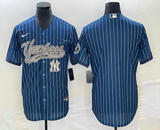Men's New York Yankees Big Logo Navy Blue Pinstripe Cool Base Stitched Baseball Jersey 01