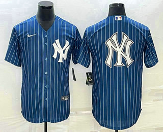 Men's New York Yankees Big Logo Navy Blue Pinstripe Stitched MLB Cool Base Nike Jersey 01