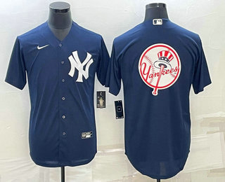 Men's New York Yankees Big Logo Navy Blue Throwback Stitched Cool Base Nike Jersey 01