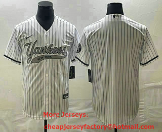 Men's New York Yankees Big Logo White Pinstripe Cool Base Stitched Baseball Jersey 01