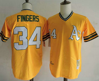 Men's Oakland Athletics #34 Rollie Fingers 1972 Cooperstown Yellow Mitchell & Ness Throwback Jersey