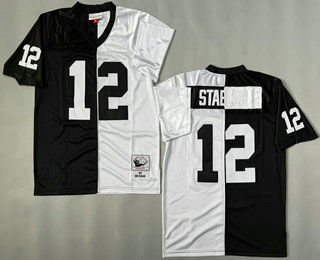 Men's Oakland Raiders #12 Kenny Stabler Black White Split 1976 Throwback Jersey