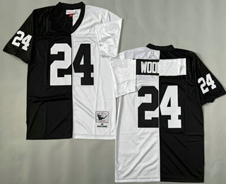 Men's Oakland Raiders #24 Charles Woodson Black White Split 1998 Throwback Jersey