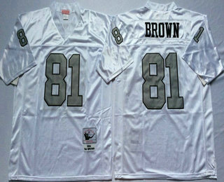 Men's Oakland Raiders #81 Tim Brown White With Silver Throwback Jersey by Mitchell & Ness