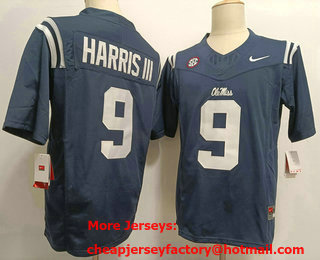 Men's Ole Miss Rebels #9 Tre Harris III Navy Blue FUSE College Stitched Jersey
