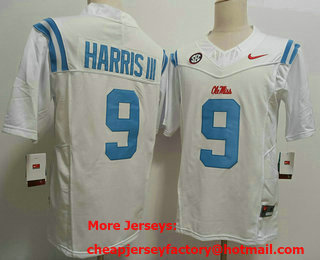 Men's Ole Miss Rebels #9 Tre Harris III White FUSE College Stitched Jersey