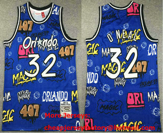 Men's Orlando Magic #32 Shaquille ONeal Blue Doodle Fashion Swingman Throwback Jersey