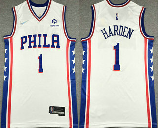 Men's Philadelphia 76ers #1 James Harden White 75th Anniversary Diamond Nike 2021 Stitched Jersey With Sponsor