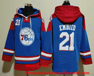 Men's Philadelphia 76ers #21 Joel Embiid Blue Ageless Must Have Lace Up Pullover Hoodie