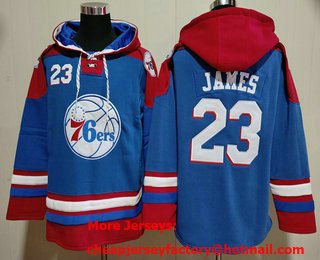 Men's Philadelphia 76ers #23 LeBron James Blue Ageless Must Have Lace Up Pullover Hoodie