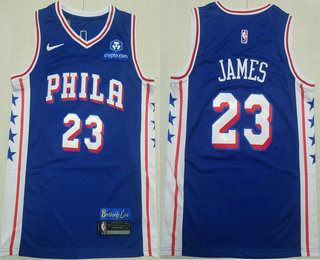 Men's Philadelphia 76ers #23 LeBron James Blue Sponsor 2026 Icon Edition Stitched Jersey