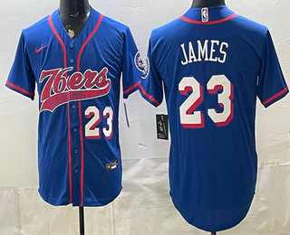 Men's Philadelphia 76ers #23 LeBron James Royal Cool Base Stitched Baseball Jersey