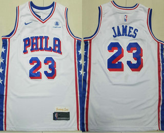 Men's Philadelphia 76ers #23 LeBron James White Sponsor 2026 Association Edition Stitched Jersey